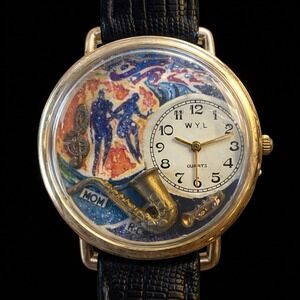 WYL Quartz Jazz Theme Watch Gold Tone Miniature Saxophone  Leather Untested